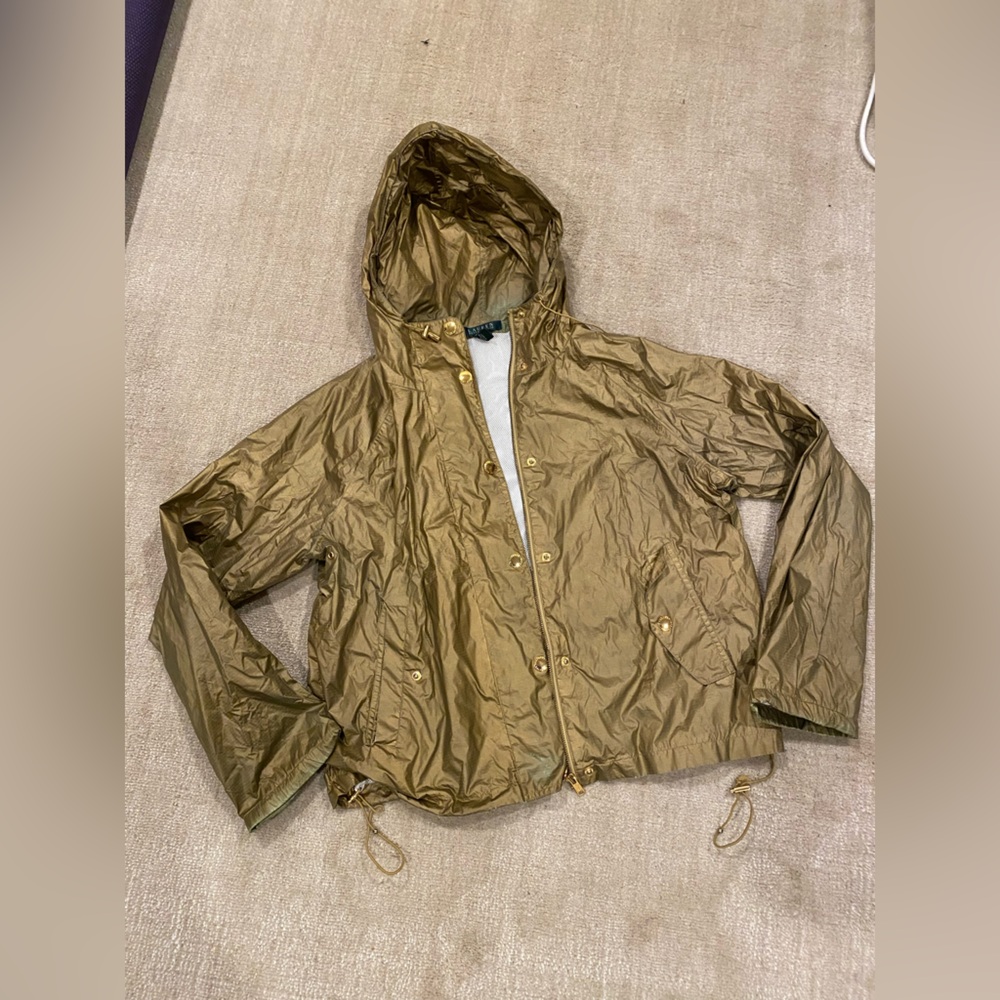 Lauren Ralph Lauren Gold Metallic Lightweight Hooded Rain Jacket - Size M